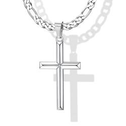 Roheafer 925 Sterling Silber Kreuz Kette Herren Edelstahl Diamant Schnitt Figaro-Halskette Hochglanzpolierte Abgeschrägte Kante Halskette Mit Kreuzanhänger für Männer Frauen 46-76CM von Roheafer