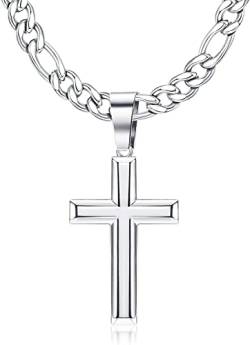 Roheafer Kreuz Kette Herren 925 Sterling Silber 5mm Edelstahl Diamant Schnitt Figaro Kreuzkette Halskette Poliert Abgeschrägte Kante Halskette Kreuzanhänger Für Männer Frauen 46/51/56/61/66/76CM von Roheafer