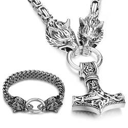 Roheafer Thors Hammer Halskette Herren Silber/Gold Mjölnir Anhänger Wolf Armband Edelstahl Thors Hammer Kette mit Königskette Wikinger Schmuck für Herren Länge 50CM-70CM von Roheafer