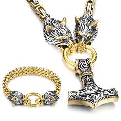 Roheafer Thors Hammer Halskette Herren Silber/Gold Mjölnir Anhänger Wolf Armband Edelstahl Thors Hammer Kette mit Königskette Wikinger Schmuck für Herren Länge 50CM-70CM von Roheafer