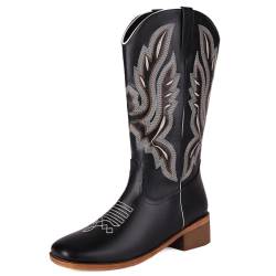 Roimaash Cowgirl Stiefel Flach Mid Calf für Frauen Pull on Wide Open Cowboy Stiefel Embroidered Square Toe Western Stiefel Mexician Stiefel Black Size 40 von Roimaash