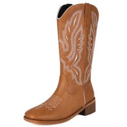 Roimaash Cowgirl Stiefel Flach Mid Calf für Frauen Pull on Wide Open Cowboy Stiefel Embroidered Square Toe Western Stiefel Mexician Stiefel Yellow Size 41 von Roimaash