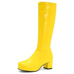 Roimaash Damen Plateau Gogo Stiefel Knee High Zipper up Jahrgang 70's 80's Stiefel Block Mid Heel Plateau Party Heels Lange Stiefel Lack Yellow Size 39 von Roimaash