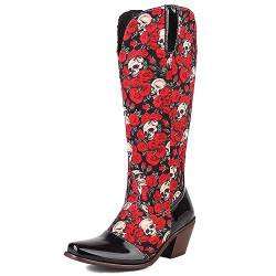 Roimaash Jahrgang Stiefel für Damen Schnüren Victorian Stiefel 70s Western Stiefel Knee High Blumen Schnalle Belt Witch Costume Goth Stiefel Red Size 41 von Roimaash