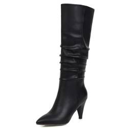 Roimaash Mode Damen Pleated Knee Hohe Stiefel Cone Heel Stiefel Wide Calf Stiefel Pointed Toe Winter Schuhe Party Heels Slouch Stiefel PU-Black Size 43 von Roimaash