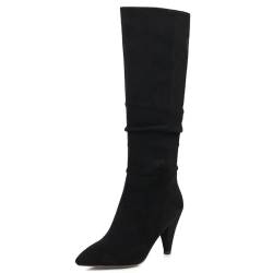 Roimaash Mode Damen Pleated Knee Hohe Stiefel Cone Heel Stiefel Wide Calf Stiefel Pointed Toe Winter Schuhe Party Heels Slouch Stiefel Wildleder-Black Size 40 von Roimaash