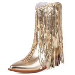 Roimaash Mode Franse Cowboy Stiefel Ankle High für Frauen Mid Heel Cowgirl Stiefel Western Stiefel Calf Jahrgang Halbe Stiefel Lack Gold Plus Size 39 von Roimaash