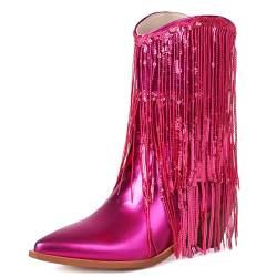 Roimaash Mode Franse Cowboy Stiefel Ankle High für Frauen Mid Heel Cowgirl Stiefel Western Stiefel Calf Jahrgang Halbe Stiefel Lack Red Plus Size 37 von Roimaash
