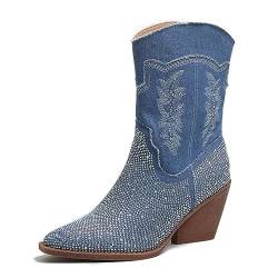 Roimaash Mode Jeans Cowboy Stiefel Ankle High Sewing Pattern Damen Blockabsatz Cowgirl Stiefel Western Stiefel Ohne Verschluss Denim Blue Plus Size 37 von Roimaash