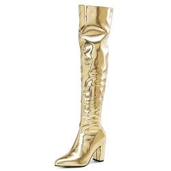 Roimaash Mode Stretch Stiefel Overknee Pull on Elastisch Thigh Hohe Stiefel Pointed Toe Block Heels Abend Party Dress Lange Stiefel Gold Plus Size 35 von Roimaash