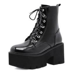 Roimaash Stylish Plateau Kn?chel Stiefel Chunky Heels Goth Stiefeletten Flachform Schnüren Kampfstiefel Metal Chain Schnalle Decorative Cosplay Stiefel Black Size 42 von Roimaash