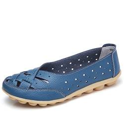 Rojeam Frauen Casual Leder Mokassins Loafers Bootsschuhe Wohnungen Fahrschuhe Sandalen, Blau, 38 EU von Rojeam