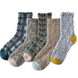 Rokmym Damen Floral Vintage Crew Socken Ethno Jacquard Knit Set knöchelhohe Baumwollsocken für Frauen 5er Pack, Blau, 5-9 von Rokmym