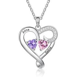 RolaOnly Damen Halskette Personalisierte Herz Kette mit Gravur 2 Namen Sterling Silber 925 Anhänger 2 Geburtsstein Mutter Tochter Namenkette Geschenk für Muttertag Weihnachten (Stil 1) von RolaOnly