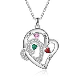 RolaOnly Damen Halskette Personalisierte Herz Kette mit Gravur 2 Namen Sterling Silber 925 Anhänger 2 Geburtsstein Mutter Tochter Namenkette Geschenk für Muttertag Weihnachten (Stil 3) von RolaOnly