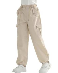 Rolanko Baggy Cargo Fallschirmhose für Mädchen, Y2K Vintage Jogger mit Verstellbarer Elastischer Taille für Kinder Fit, Beige, Größe: 160 von Rolanko