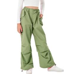 Rolanko Baggy Cargo Fallschirmhose für Mädchen, Y2K Vintage Jogger mit Verstellbarer Elastischer Taille für Kinder Fit, EstragonGrün, Größe: 170 von Rolanko