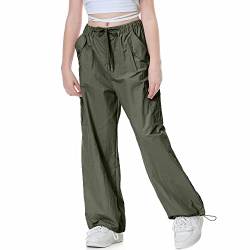 Rolanko Baggy Cargo Fallschirmhose für Mädchen, Y2K Vintage Jogger mit Verstellbarer Elastischer Taille für Kinder Fit, Grün, Größe: 160 von Rolanko