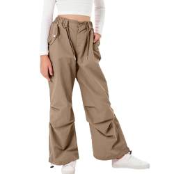 Rolanko Baggy Cargo Fallschirmhose für Mädchen, Y2K Vintage Jogger mit Verstellbarer Elastischer Taille für Kinder Fit, Kaffee, Größe: 160 von Rolanko