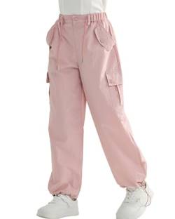 Rolanko Baggy Cargo Fallschirmhose für Mädchen, Y2K Vintage Jogger mit Verstellbarer Elastischer Taille für Kinder Fit, Rosa, Größe: 140 von Rolanko