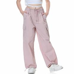 Rolanko Baggy Cargo Fallschirmhose für Mädchen, Y2K Vintage Jogger mit Verstellbarer Elastischer Taille für Kinder Fit, Rosa, Größe: 150 von Rolanko