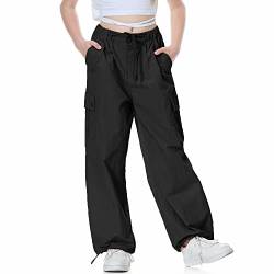 Rolanko Baggy Cargo Fallschirmhose für Mädchen, Y2K Vintage Jogger mit Verstellbarer Elastischer Taille für Kinder Fit, Schwarz, Größe: 150 von Rolanko