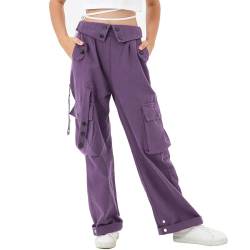 Rolanko Baggy Cargo Hose für Mädchen, Elastische Taille mit Mehreren Taschen Weites Bein Cargohose für Kinder, Violett, Größe: 140/8-9 Jahre von Rolanko