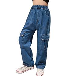 Rolanko Baggy Cargo Jeans für Mädchen, Elastisch, Hohe Taille Weites Bein Vintage Bootcut Denimhose für Kinder, Dunkelblau, Größe: 150 von Rolanko