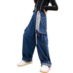 Rolanko Baggy Cargo Jeans für Mädchen, Elastische Cargohose mit Hoher Taille Geradem Weitem Bein und Mehreren Taschen, Blau, Größe: 140 von Rolanko