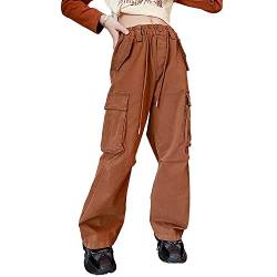 Rolanko Mädchen Baggy Cargo Hose, Elastisch Hohe Taille Gerade Weites Bein Streetwear Hose mit Mehreren Taschen, Braun, Größe: 160 von Rolanko