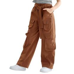 Rolanko Mädchen Baggy Cargo Hose, Elastisch Hohe Taille Gerade Weites Bein Streetwear Hose mit Mehreren Taschen, Dunkel Braun, Größe: 140 von Rolanko