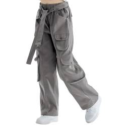 Rolanko Mädchen Baggy Cargo Hose, Elastisch Hohe Taille Gerade Weites Bein Streetwear Hose mit Mehreren Taschen, Grau, Größe: 130 von Rolanko