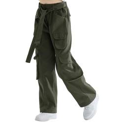 Rolanko Mädchen Baggy Cargo Hose, Elastisch Hohe Taille Gerade Weites Bein Streetwear Hose mit Mehreren Taschen, Grün, Größe: 160 von Rolanko