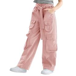 Rolanko Mädchen Baggy Cargo Hose, Elastisch Hohe Taille Gerade Weites Bein Streetwear Hose mit Mehreren Taschen, Rosa, Größe: 130 von Rolanko