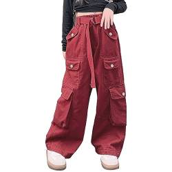 Rolanko Mädchen Baggy Cargo Hose, Elastisch Hohe Taille Gerade Weites Bein Streetwear Hose mit Mehreren Taschen, Rot, Größe: 140/6-7 Jahre von Rolanko