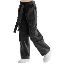 Rolanko Mädchen Baggy Cargo Hose, Elastisch Hohe Taille Gerade Weites Bein Streetwear Hose mit Mehreren Taschen, Schwarz, Größe: 130 von Rolanko