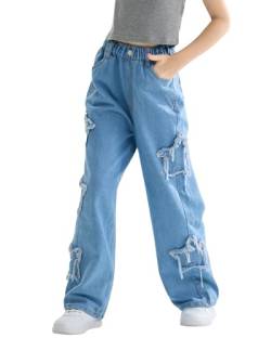 Rolanko Mädchen Baggy Jeans Weites Bein Elastische Taille Patchwork Denim-Hosen, Blau, Größe: 170 von Rolanko