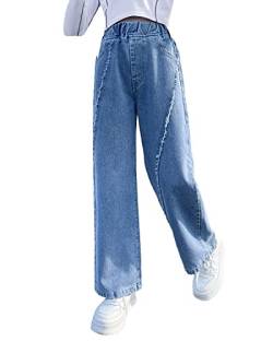 Rolanko Mädchen Jean Hosen Loch Denim Blau Jeans, Vintage Hose mit Weitem Bein für Kinder Fit, Blue Burrs, Größe: 170 von Rolanko