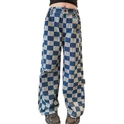 Rolanko Mädchen Jean Hosen Loch Denim Blau Jeans, Vintage Hose mit Weitem Bein für Kinder Fit, Blue Checkered, Größe: 130 von Rolanko