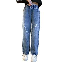 Rolanko Mädchen Jean Hosen Loch Denim Blau Jeans, Vintage Hose mit Weitem Bein für Kinder Fit, Blue Hole, Größe: 170 von Rolanko