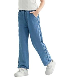 Rolanko Mädchen Jean Hosen Loch Denim Blau Jeans, Vintage Hose mit Weitem Bein für Kinder Fit, Blue Plaid, Größe: 140 von Rolanko