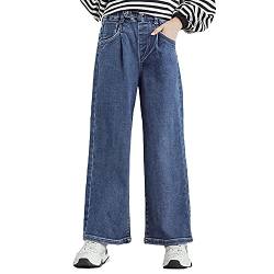 Rolanko Mädchen Jean Hosen Loch Denim Blau Jeans, Vintage Hose mit Weitem Bein für Kinder Fit, Blue Solid, Größe: 130 von Rolanko