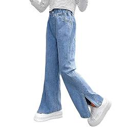 Rolanko Mädchen Jean Hosen Loch Denim Blau Jeans, Vintage Hose mit Weitem Bein für Kinder Fit, Blue Split, Größe: 130 von Rolanko