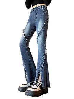 Rolanko Mädchen Jeans mit Ausgestelltem Bein Roher Saum Dehnbar Elastische Taille Skinny Denim Hose, Dunkel Blau, Größe：150 von Rolanko