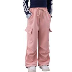 Rolanko Mädchen Jogginghose mit elastischem Bund, Unisex Kinder Trainingshose mit Cargotaschen, Rosa, 11-12Jahre, 160 von Rolanko