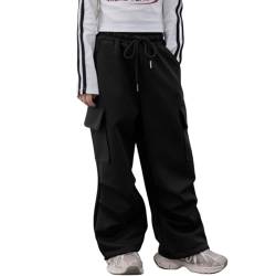 Rolanko Mädchen Jogginghose mit elastischem Bund, Unisex Kinder Trainingshose mit Cargotaschen, Schwarz, 6-7Jahre, 130 von Rolanko