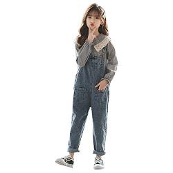 Rolanko Mädchen Kinder Jeans Latzhose Jumpsuit Lange Hose Overall mit Verstellbaren Hosenträgern, Grau, Größe:160 von Rolanko