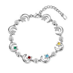 Rolaonly Armband mit 4 Namen Damen 925 Sterling Silber Geburtsstein Armbänder mit 5A Kubik Zirkonia Sterne Mond Anhänger Personalisiert Schmuck Geschenk für Mutter und Tochter von Rolaonly