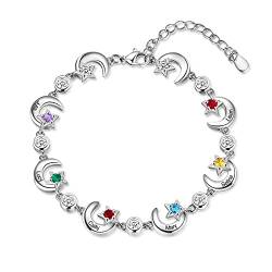 Rolaonly Armband mit 6 Namen Damen 925 Sterling Silber Geburtsstein Armbänder mit 5A Kubik Zirkonia Sterne Mond Anhänger Personalisiert Schmuck Geschenk für Mutter und Tochter von Rolaonly