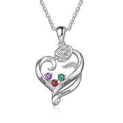 Rolaonly Damen Halskette mit Gravur Personalisierte kette mit 3 Namen Geburtsstein Rose Anhänger 925 Sterlingsilber Schmuck für Mutter und Tochter, Schwester, beste Freundin von Rolaonly